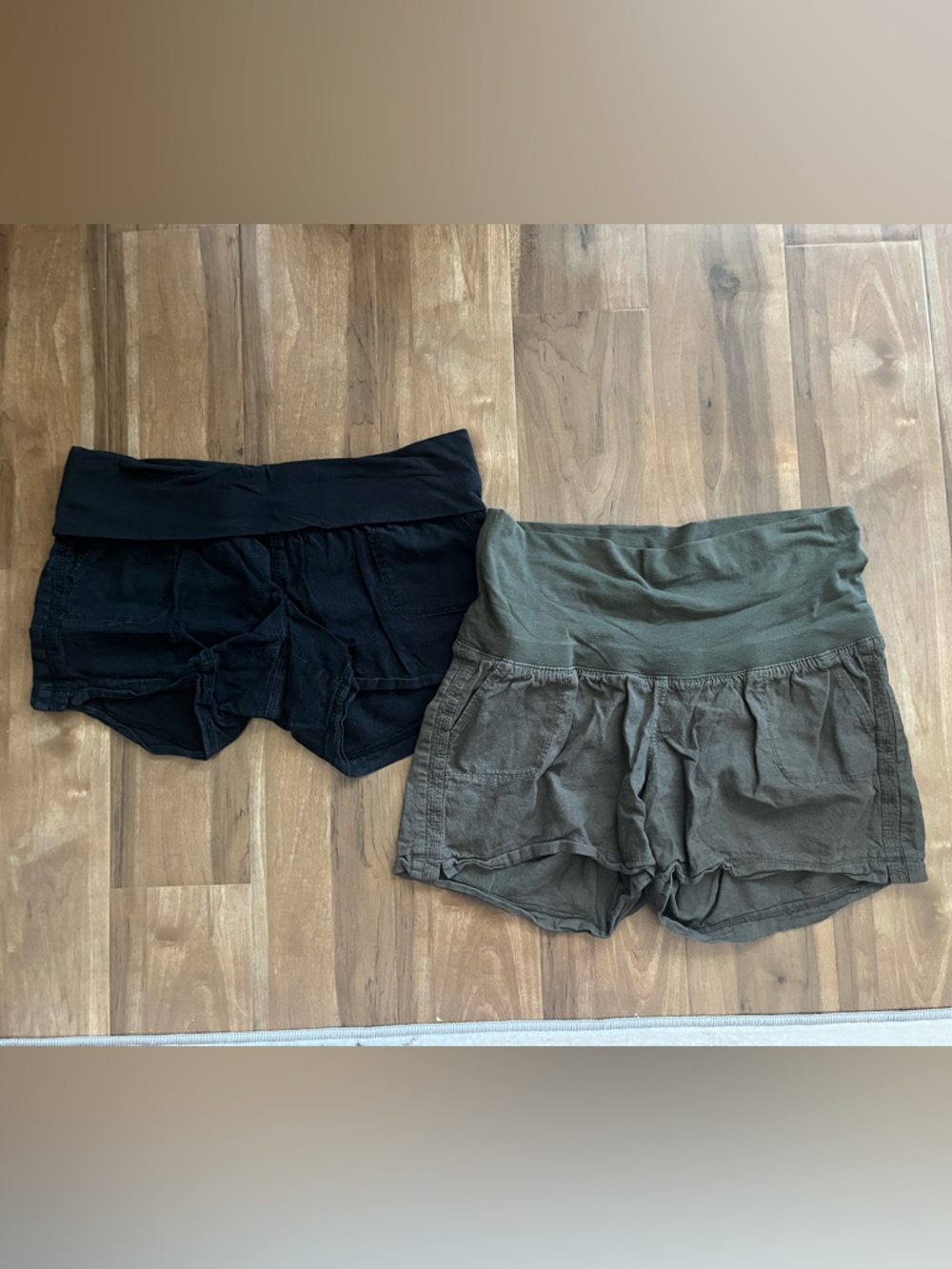 Casual Linen Maternity Shorts - Olive Green & Black